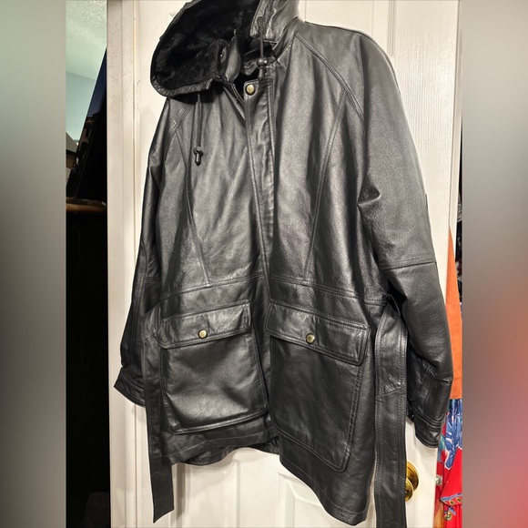The CONNECTION L Leather COAT JACKET Mens black belted w/ Zip Out liner hooded - Picture 1 of 10